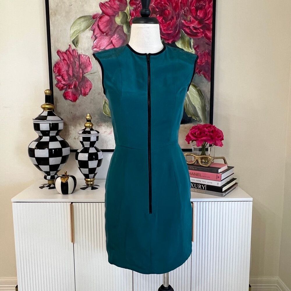 Karolina Zmarlak Silk Sheath Dress US 4 Teal Exposed Zip Sleeveless Luxury